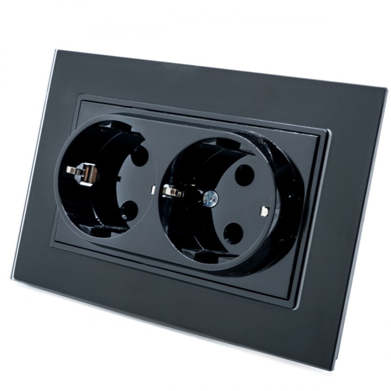 PRIZA DUBLA NEGRU CU RAMA DE STICLA  TIMBRU VERDE SPN1464B