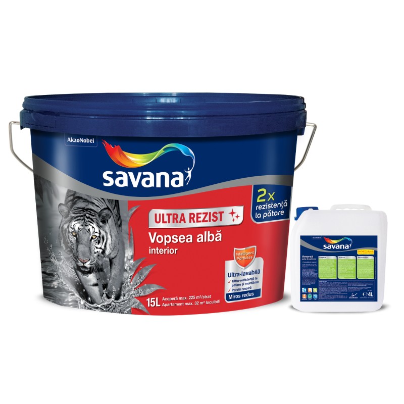 SAVANA ULTRAREZIST VOPSEA ULTRALAVABILA SUPERALBA INT.15L+ SAVANA AMORSA GATA DE APLICARE 4L PROMO (5747003)