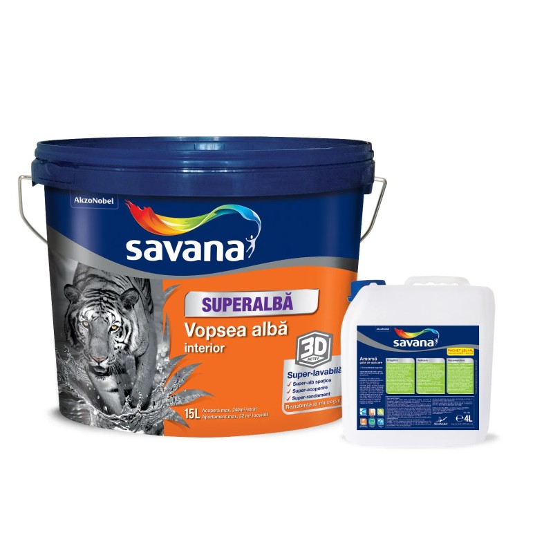 SAVANA VOPSEA SUPERLAVABILA SUPERALBA INTERIOR 15L+ SAVANA AMORSA GATA DE APLICARE 4L PROMO (5746244)